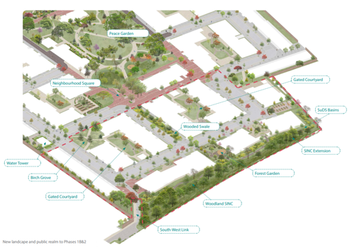 New landcape and public realm to Phases 1B&2