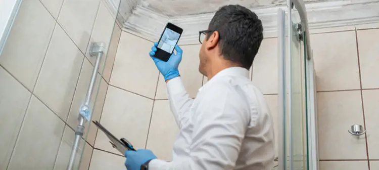Man photographing mould in a bathroom