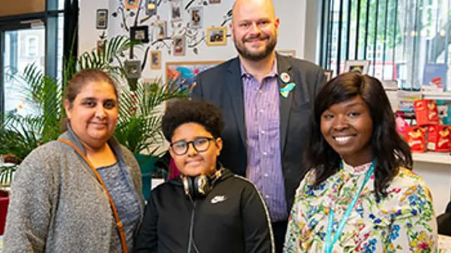 The Mayor of Hackney with (left to right) local resident Ash Patel, her son and Pembury’s Children’s Community Programme Manager Jeanette Manu